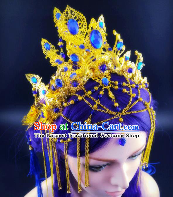 China Ancient Fairy Phoenix Coronet Headwear Handmade Traditional Cosplay Female Swordsman Blue Crystal Hair Crown