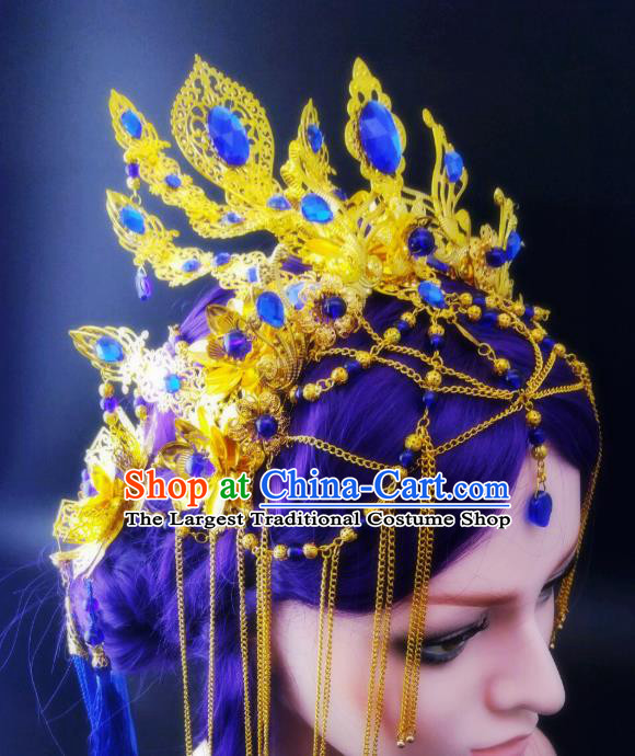 China Ancient Fairy Phoenix Coronet Headwear Handmade Traditional Cosplay Female Swordsman Blue Crystal Hair Crown
