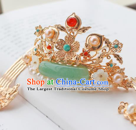 China Ancient Court Woman Jade Pearls Hairpin Traditional Ming Dynasty Princess Golden Plum Hair Crown