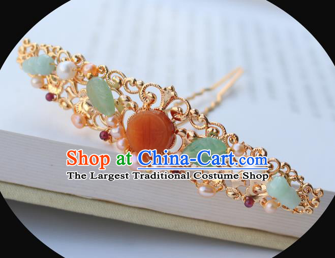 China Ancient Palace Lady Golden Hairpin Traditional Ming Dynasty Princess Agate Pearls Hair Crown
