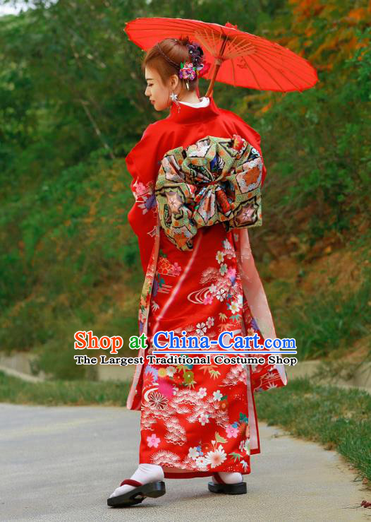 Asian Japan Bride Furisode Kimono Costume Japanese Traditional Wedding Printing Chrysanthemum Red Yukata Dress