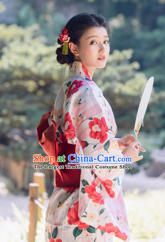 Japanese Traditional Printing Camellia Yukata Dress Asian Japan Hanabi Taikai Young Woman Pink Kimono Fashion