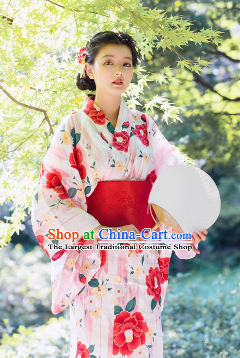Japanese Traditional Printing Camellia Yukata Dress Asian Japan Hanabi Taikai Young Woman Pink Kimono Fashion