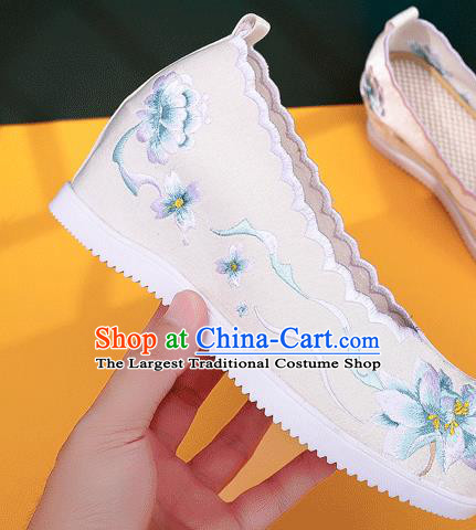 China National Folk Dance Shoes Traditional Hanfu Embroidered White Cloth Shoes Handmade Woman Wedge Shoes