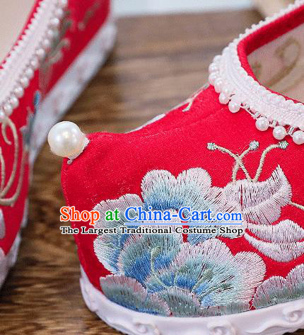 China Traditional Wedding Shoes National Embroidered Peony Shoes Handmade Bride Red Cloth Shoes