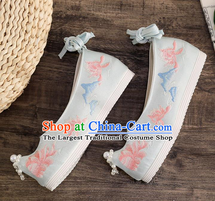 China Ancient Princess Shoes Traditional Hanfu Beads Toe Shoes Ming Dynasty Embroidered Shoes Blue Cloth Shoes
