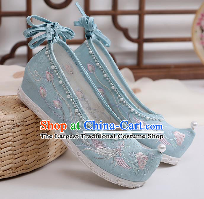 Chinese National Blue Cloth Shoes Traditional Embroidery Phoenix Peony Shoes Classical Dance Pearls Shoes