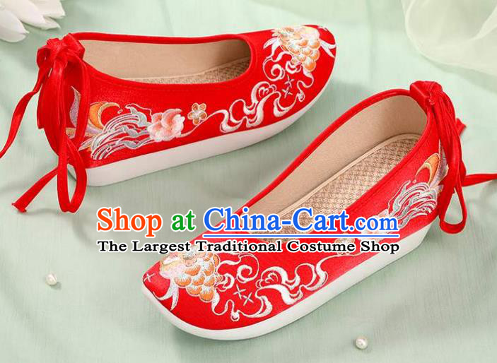 Chinese Wedding Embroidery Peony Shoes National Woman Footwear Traditional Beijing Bride Red Cloth Shoes