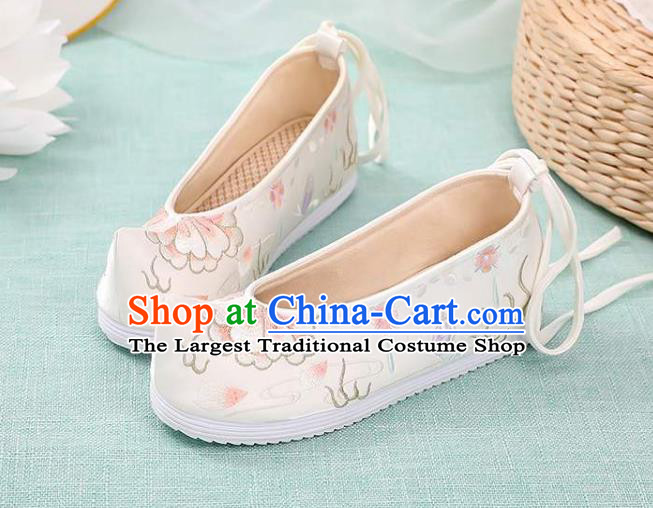 Chinese Classical Dance Shoes National Woman Embroidered Shoes Traditional Hanfu White Cloth Shoes