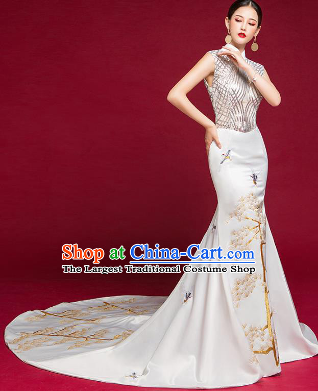 China Embroidered Sequins Cheongsam Clothing Compere Qipao Dress Garment Stage Show Trailing Full Dress Catwalks Fashion