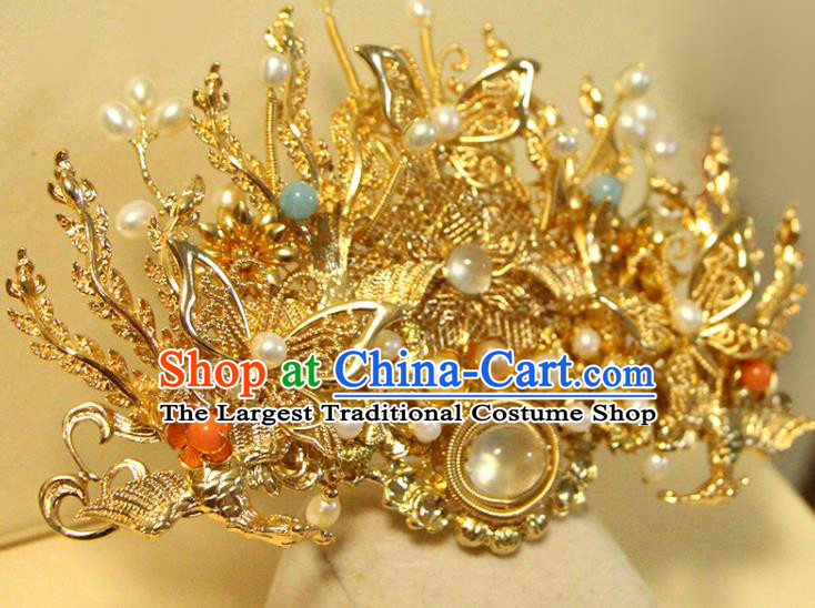 China Ancient Noble Woman Phoenix Coronet Traditional Wedding Hair Accessories Ming Dynasty Golden Hair Crown