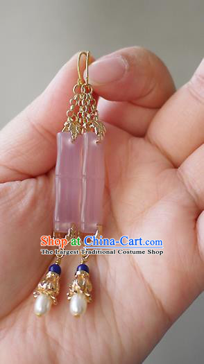 Chinese Ancient Imperial Consort Rose Quartz Ear Accessories Traditional Cheongsam Pearls Earrings