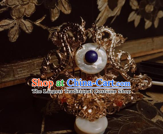 China Handmade Golden Dragon Hairpin Traditional Tang Dynasty Hair Accessories Ancient Prince Shell Hairdo Crown