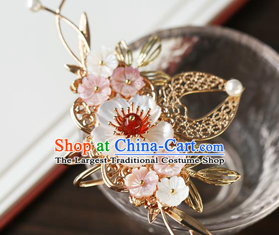 China Traditional Ming Dynasty Princess Golden Hairpin Ancient Palace Lady Shell Plum Hair Stick