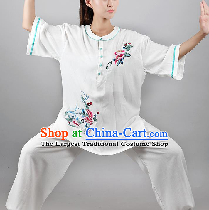 China Tai Chi Kung Fu Costumes Traditional Martial Arts Printing White Flax Uniforms