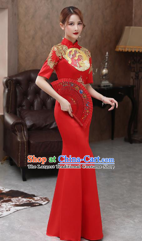 Chinese Stage Show Red Fishtail Qipao Dress Embroidery Phoenix Cheongsam Catwalks Modern Dance Costume