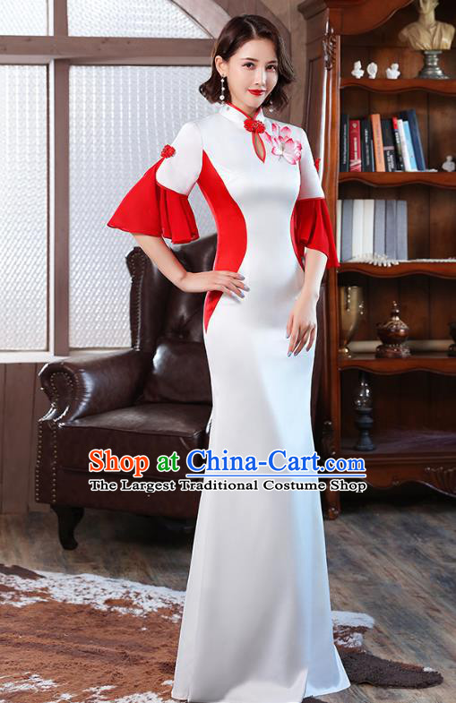 Chinese Modern Embroidery Lotus Cheongsam Catwalks Costume Stage Show White Satin Qipao Dress