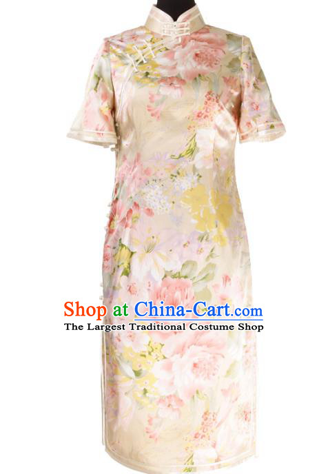 China Traditional Mandarin Sleeve Qipao Dress Classical Printing Flowers Silk Cheongsam