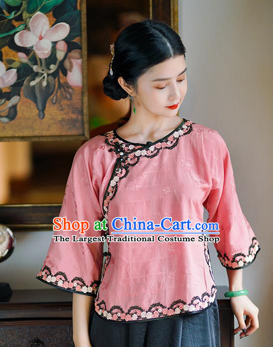 Chinese National Pink Silk Shirt Tang Suit Upper Outer Garment Woman Blouse Clothing
