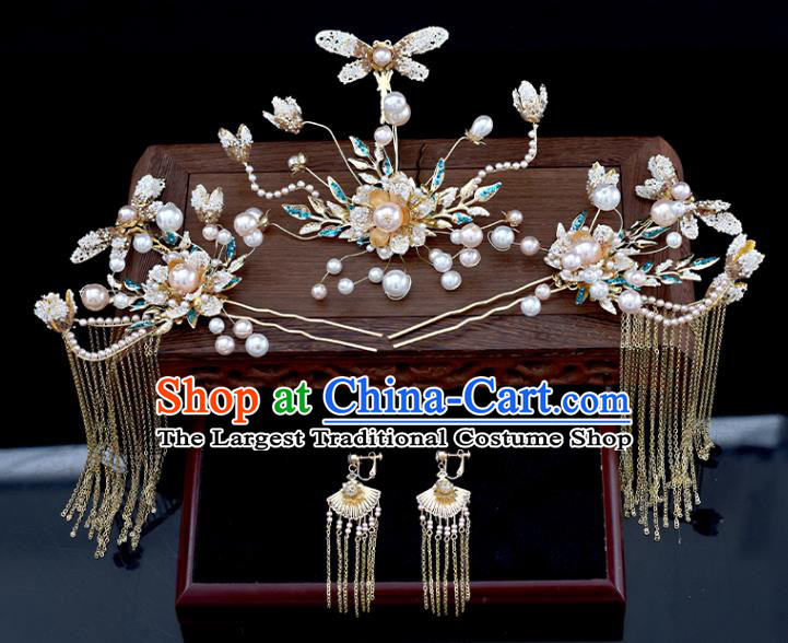 Chinese Classical Bride Headdress Traditional Wedding Hair Accessories Xiuhe Suit Dragonfly Hair Comb Hairpins