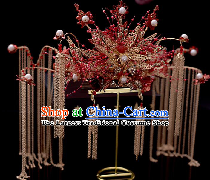 Chinese Traditional Wedding Hair Accessories Xiuhe Suit Golden Tassel Hair Crown Classical Bride Phoenix Coronet Headdress