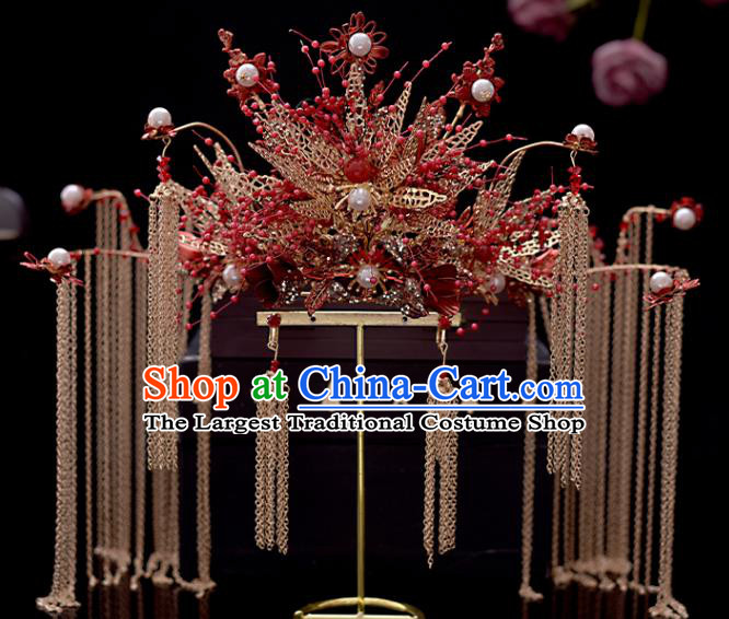 Chinese Traditional Wedding Hair Accessories Xiuhe Suit Golden Tassel Hair Crown Classical Bride Phoenix Coronet Headdress