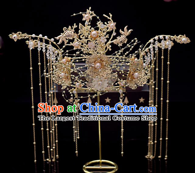 Chinese Classical Bride Phoenix Coronet Headdress Traditional Wedding Hair Accessories Xiuhe Suit Golden Hair Crown