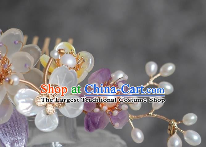 China Ming Dynasty Pearls Hair Comb Traditional Hanfu Hair Accessories Ancient Princess Shell Butterfly Hairpin