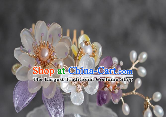 China Ming Dynasty Pearls Hair Comb Traditional Hanfu Hair Accessories Ancient Princess Shell Butterfly Hairpin