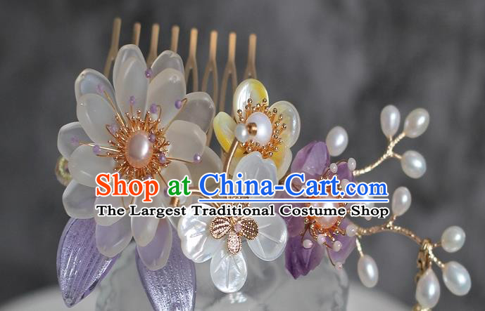China Ming Dynasty Pearls Hair Comb Traditional Hanfu Hair Accessories Ancient Princess Shell Butterfly Hairpin