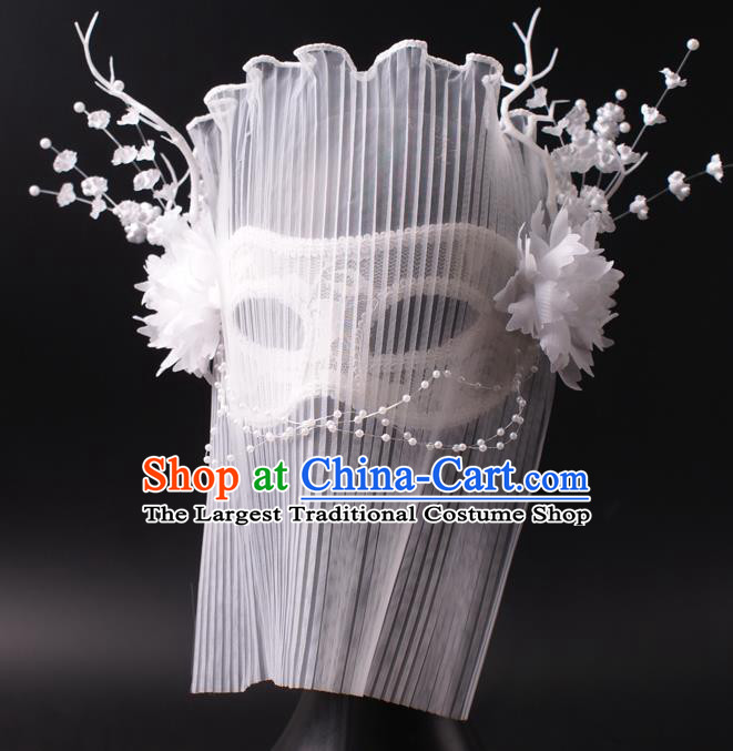 Halloween Cosplay Party White Veil Mask Handmade Face Mask Deluxe Stage Performance Blinder Headpiece