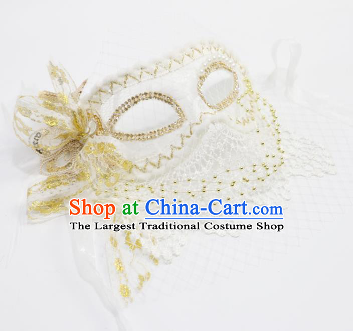 Halloween Stage Performance Blinder Headpiece Cosplay Party White Veil Mask Handmade Deluxe Lace Face Mask