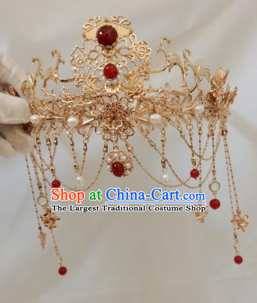 China Ming Dynasty Princess Golden Hair Crown Traditional Wedding Hanfu Hair Accessories Ancient Bride Phoenix Coronet