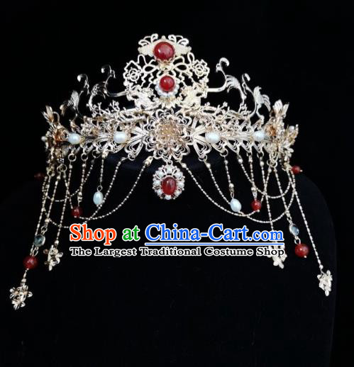China Ming Dynasty Princess Golden Hair Crown Traditional Wedding Hanfu Hair Accessories Ancient Bride Phoenix Coronet