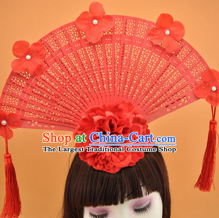 Chinese Court Tassel Top Hat Catwalks Deluxe Headdress Stage Show Red Peony Fan Hair Crown