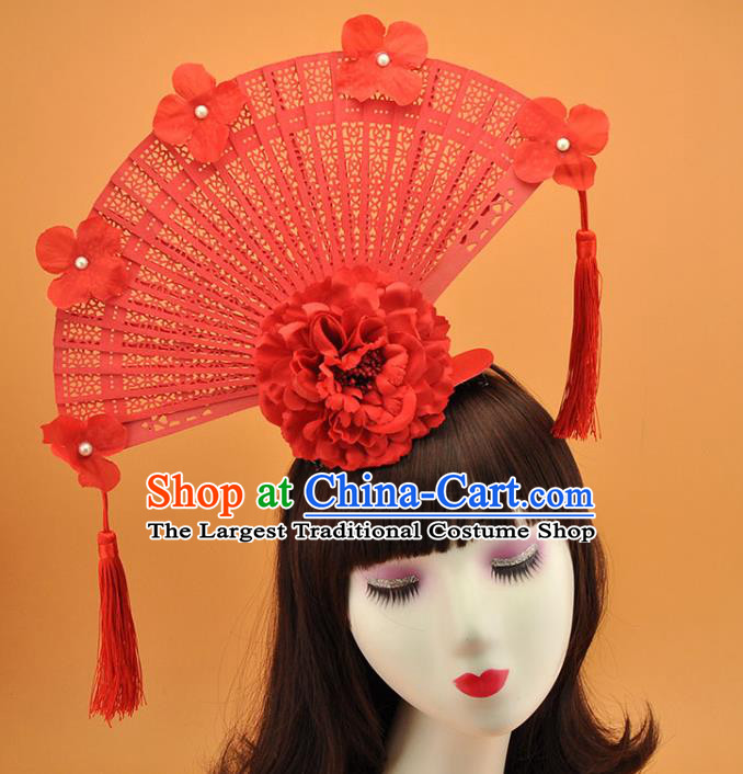Chinese Court Tassel Top Hat Catwalks Deluxe Headdress Stage Show Red Peony Fan Hair Crown