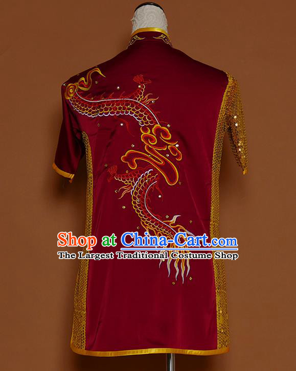 China Nanquan Boxing Training Wine Red Suits Kung Fu Competition Uniforms Wushu Kongfu Sequins Garment Costumes