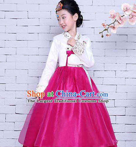 Korean Children Court Garment Costumes Asian Traditional Hanbok Clothing Korea Girl Princess Embroidered White Blouse and Rosy Dress