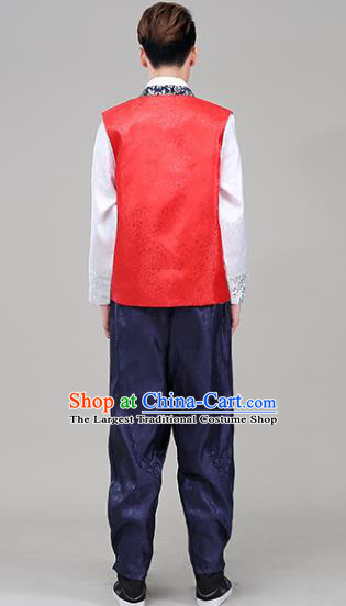 Korea Court Clothing Korean Prince Red Vest White Shirt and Navy Pants Costumes Traditional Male Wedding Hanbok Suits