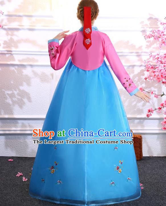 Asian Traditional Hanbok Embroidered Rosy Blouse and Blue Dress Korean Court Uniforms Korea Ancient Princess Clothing