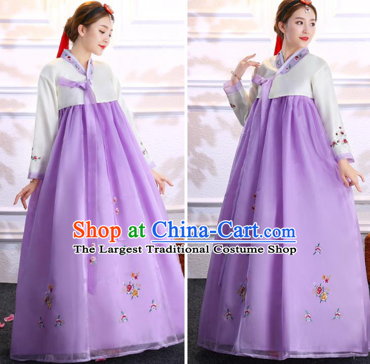 Korea Ancient Bride Clothing Asian Traditional Hanbok Embroidered White Blouse and Purple Dress Korean Court Uniforms