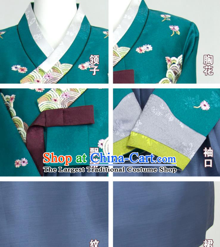 Korean Festival Celebration Fashion Costumes Traditional Classical Dance Clothing Court Hanbok Embroidered Green Blouse and Blue Dress