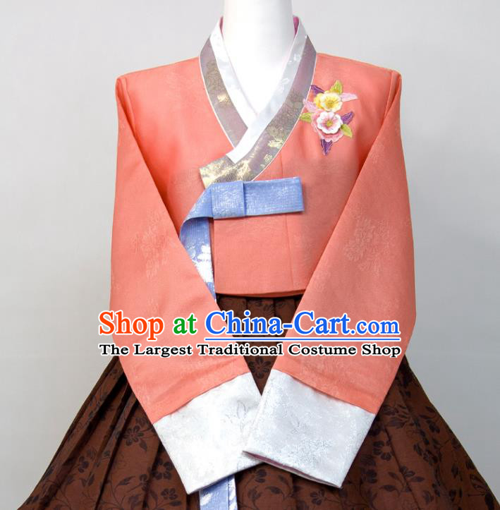 Korean Wedding Bride Costumes Court Ceremony Hanbok Festival Clothing Woman Traditional Fashion Orange Blouse and Brown Dress
