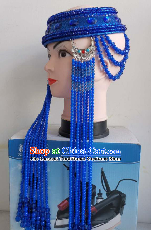 Handmade Chinese Mongol Nationality Wedding Royalblue Beads Tassel Headband Mongolian Ethnic Bride Hat