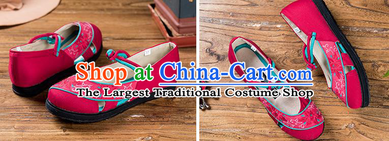 China Handmade Old Beijing Cloth Shoes Folk Dance Sandals National Female Shoes Embroidered Rosy Canvas Shoes