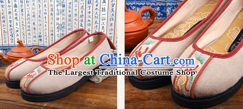 China Kung Fu Embroidered Shoes Handmade Cloth Shoes Woman Khaki Canvas Shoes National Folk Dance Shoes