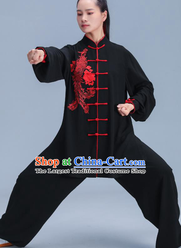 Chinese Kung Fu Black Outfits Martial Arts Embroidered Phoenix Peony Clothing Tai Ji Competition Costumes Tai Chi Training Uniforms