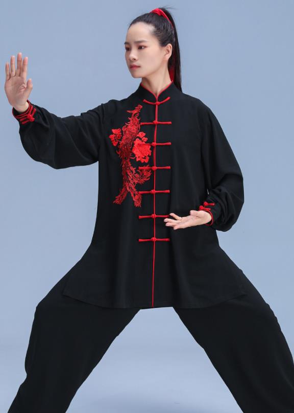 Chinese Kung Fu Black Outfits Martial Arts Embroidered Phoenix Peony Clothing Tai Ji Competition Costumes Tai Chi Training Uniforms