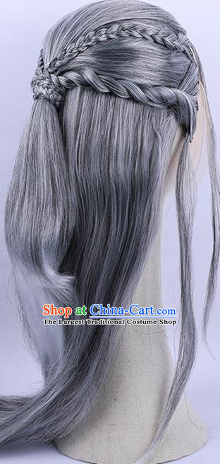 Handmade Chinese Ming Dynasty Taoist Wigs Ancient Swordsman Headwear Drama Vagabondize Fu Hongxue Grey Chignon Headdress