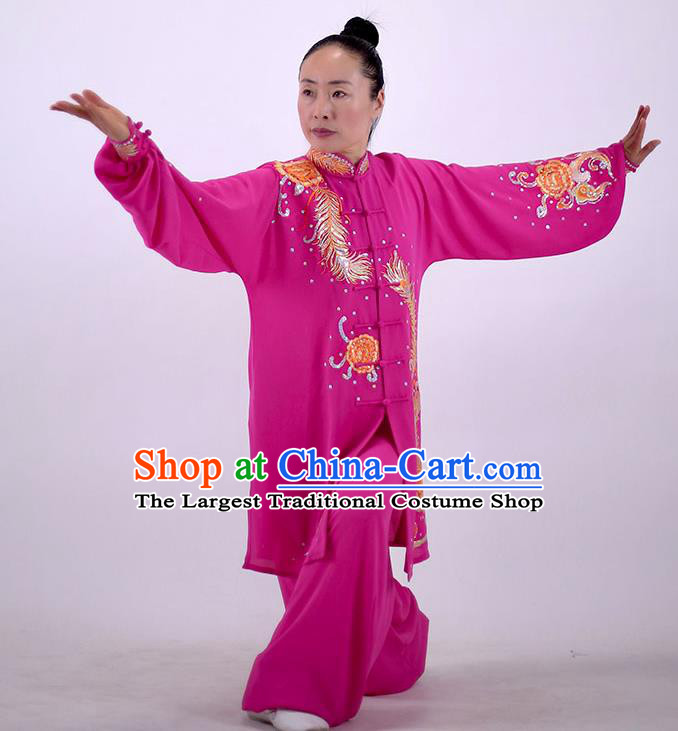 China Martial Arts Embroidered Rosy Outfits Kung Fu Performance Costumes Tai Chi Uniforms Wushu Group Competition Clothing